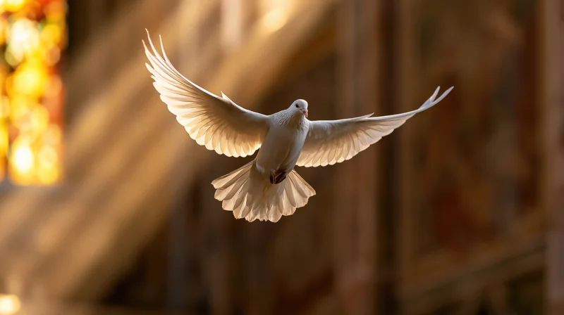 White dove in mid-flight with wings fully spread inside a church illuminated by stained glass light