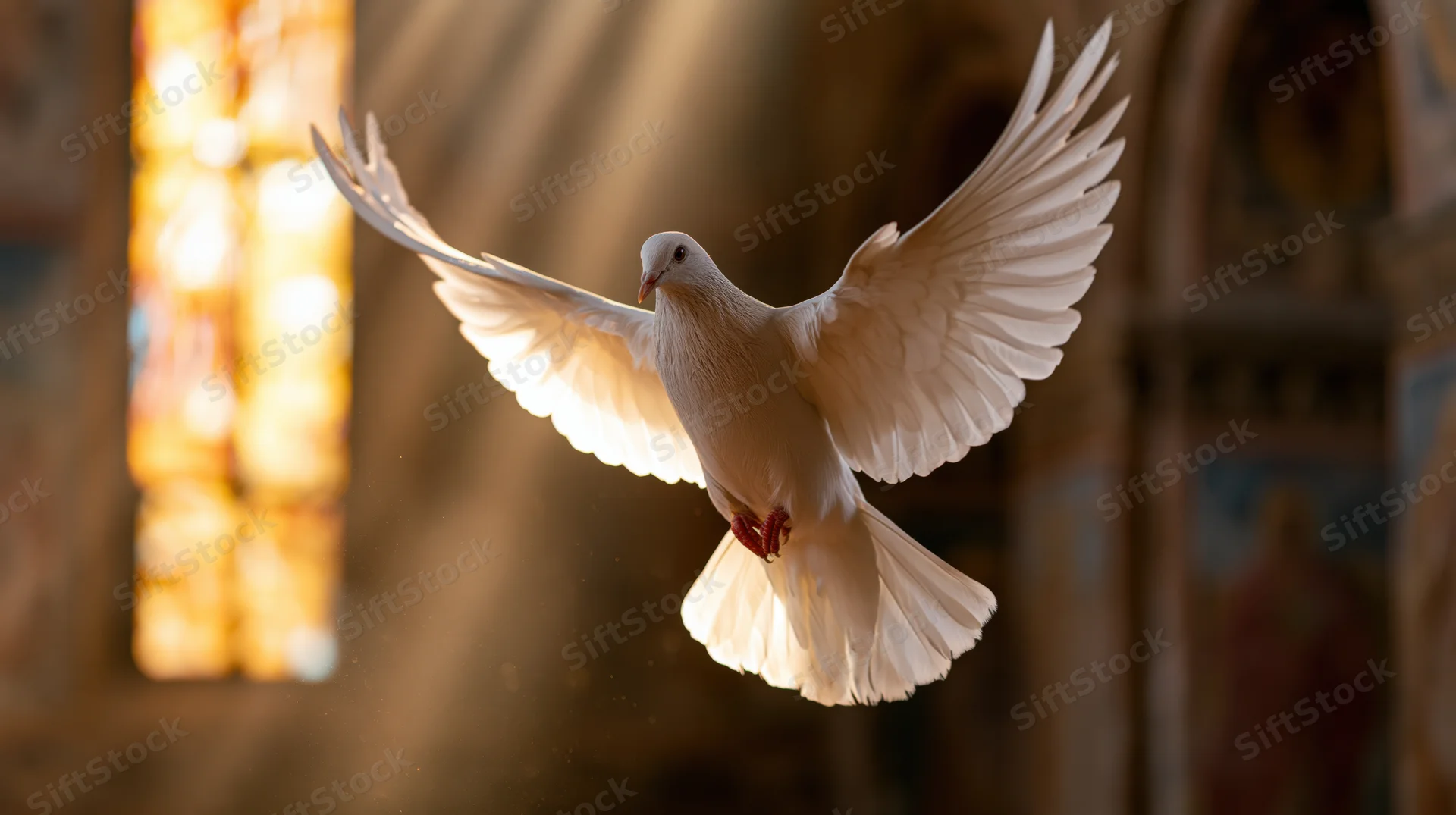 White dove in mid-flight with wings fully spread inside a church illuminated by stained glass light
