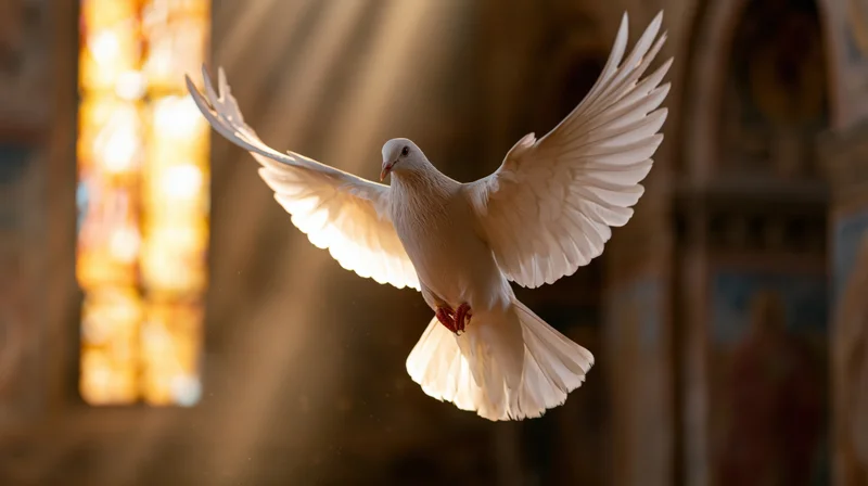 White dove in mid-flight with wings fully spread inside a church illuminated by stained glass light