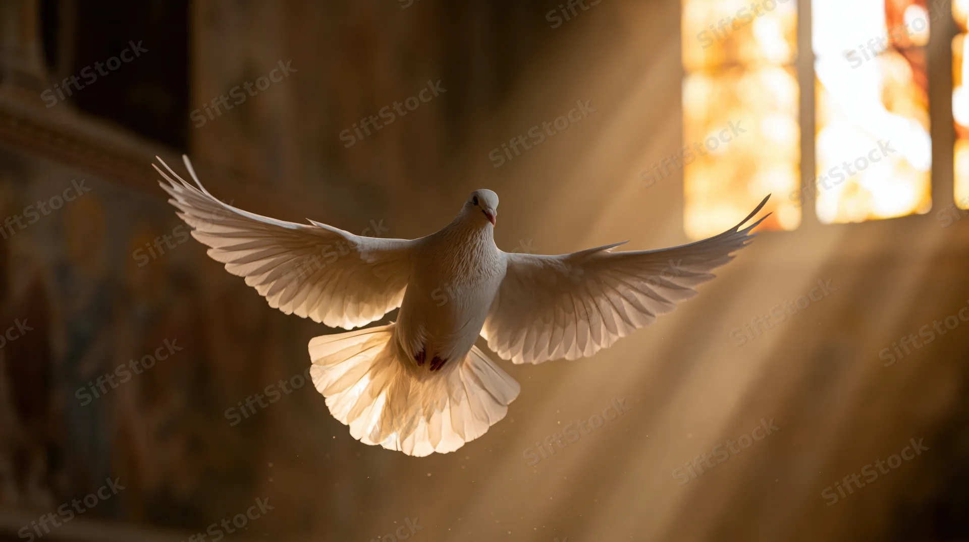 White dove in mid-flight with wings spread soaring inside a church illuminated by stained glass sunlight