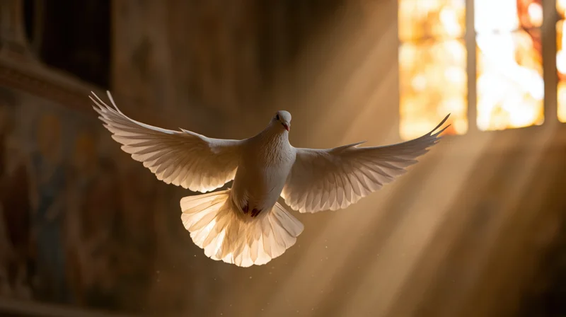 White dove in mid-flight with wings spread soaring inside a church illuminated by stained glass sunlight
