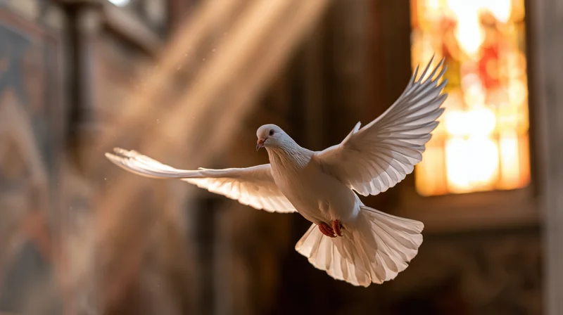 White dove in midflight with wings spread soaring inside church