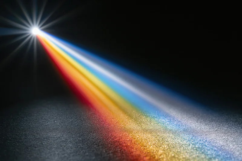 White light refracting through a glass prism casting a rainbow spectrum on a dark surface