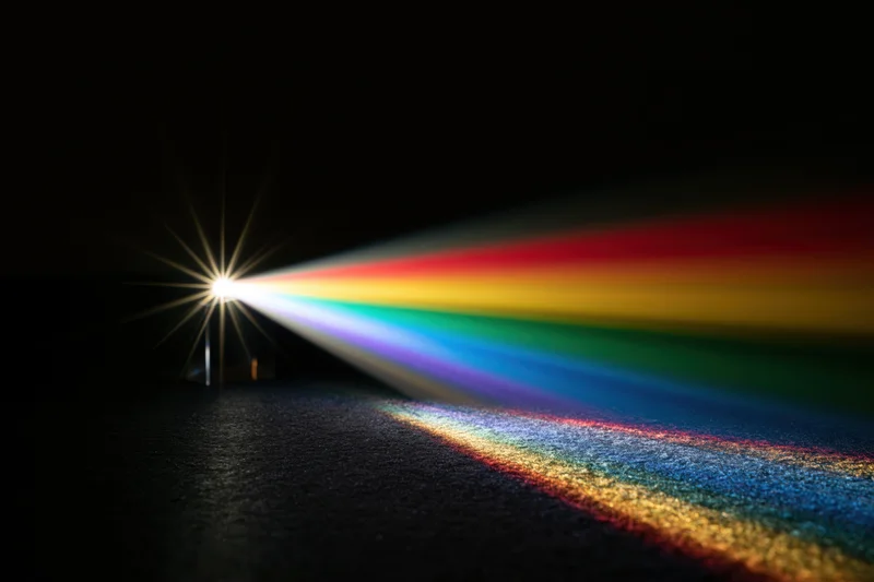 White light refracting through a glass prism casting a rainbow spectrum on a dark surface