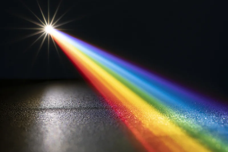 White light refracting through a glass prism casting a rainbow spectrum on a dark surface
