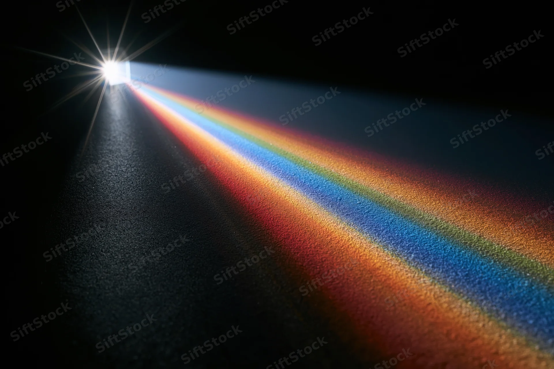 White light refracting through a glass prism casting a rainbow spectrum on a dark surface