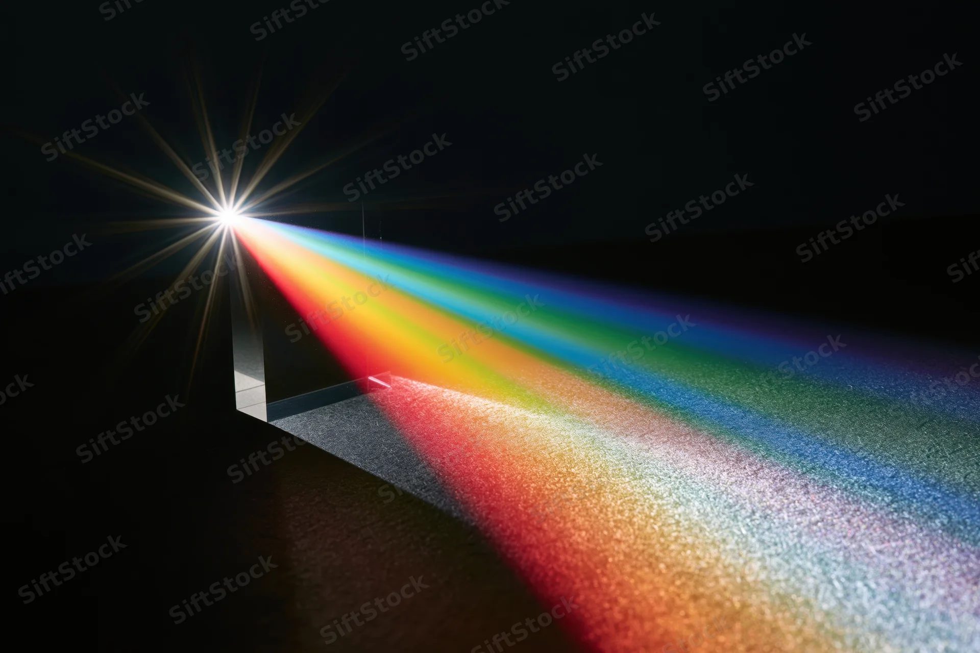 White light refracting through a glass prism casting a rainbow spectrum on a dark surface