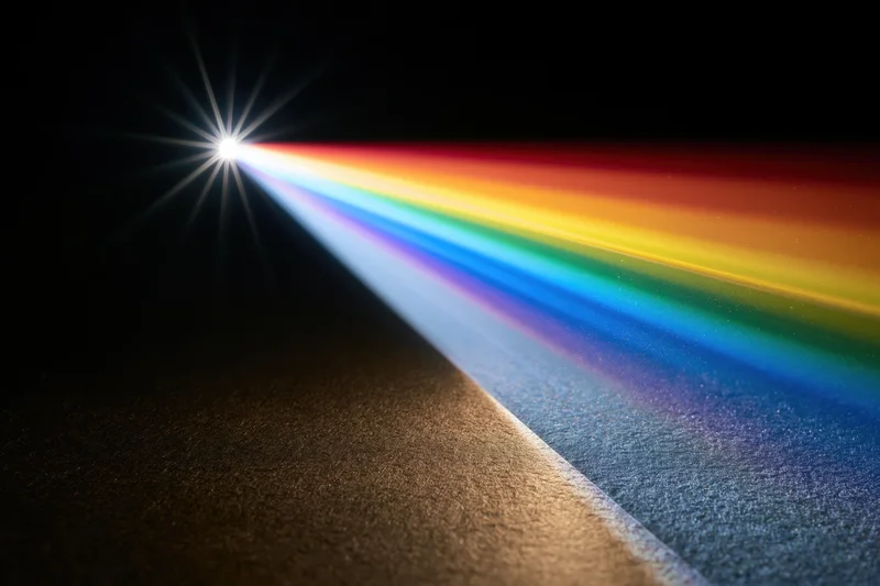 White light refracting through a glass prism casting a rainbow spectrum on a dark textured surface