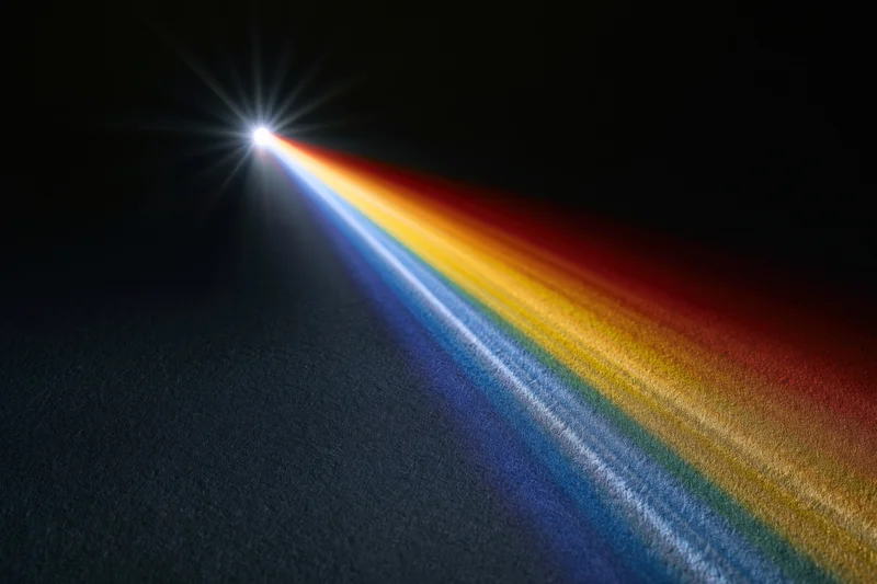 White light refracting through a glass prism casting a wide spectrum of colors across a dark surface