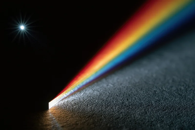 White light refracting through a glass prism edge casting a rainbow spectrum on a dark textured surface
