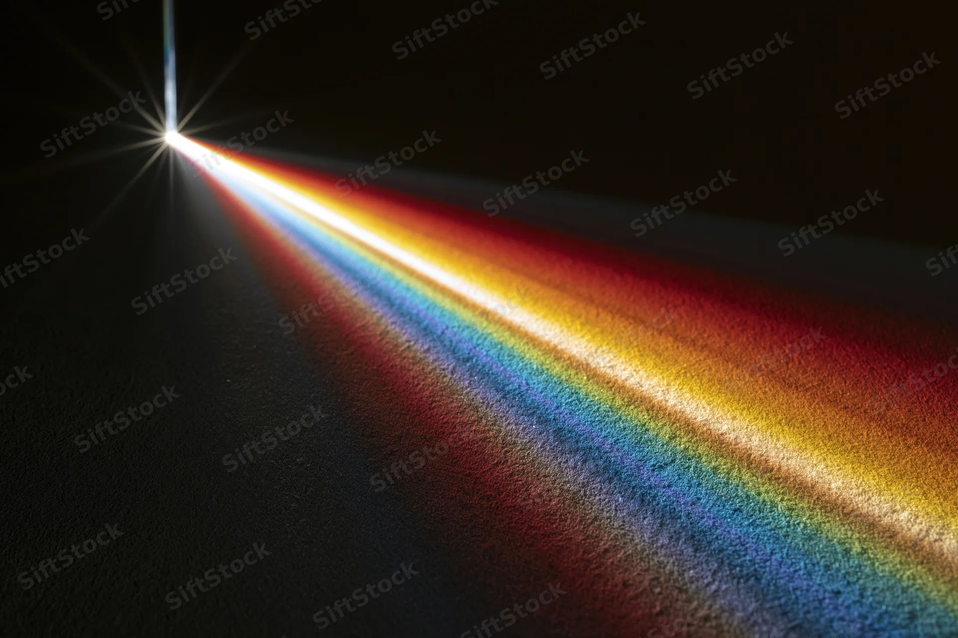 White light refracting through a glass prism edge casting a rainbow spectrum on a dark surface