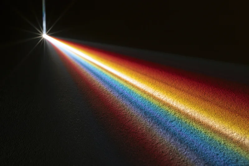 White light refracting through a glass prism edge casting a rainbow spectrum on a dark surface