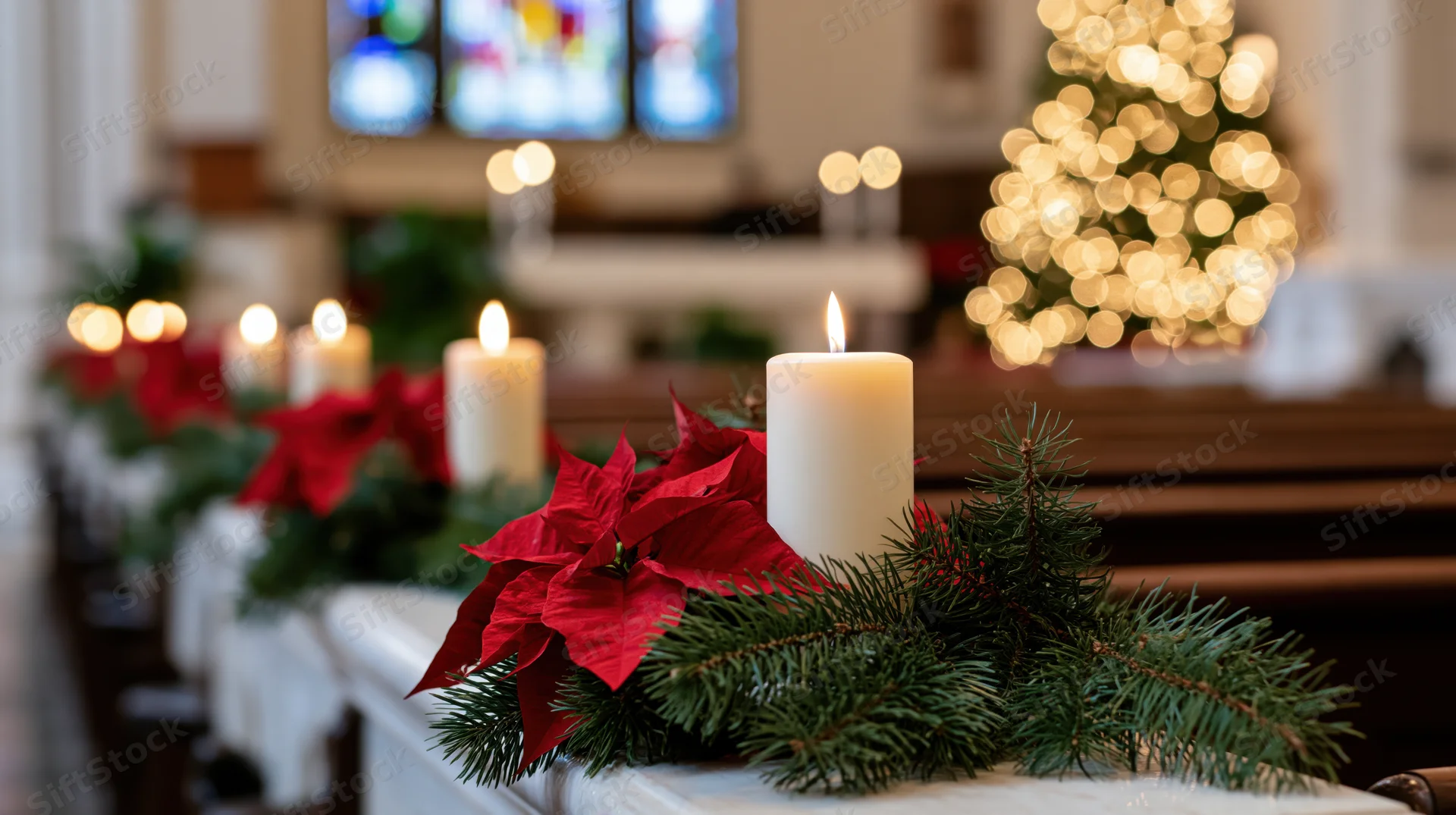 White pillar candles burning on pine garland with red poinsettias along church altar rail