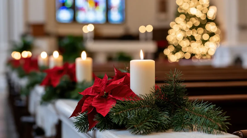 White pillar candles burning on pine garland with red poinsettias along church altar rail