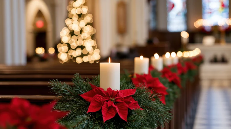 White pillar candles burning on pine garland with red poinsettias in a church interior