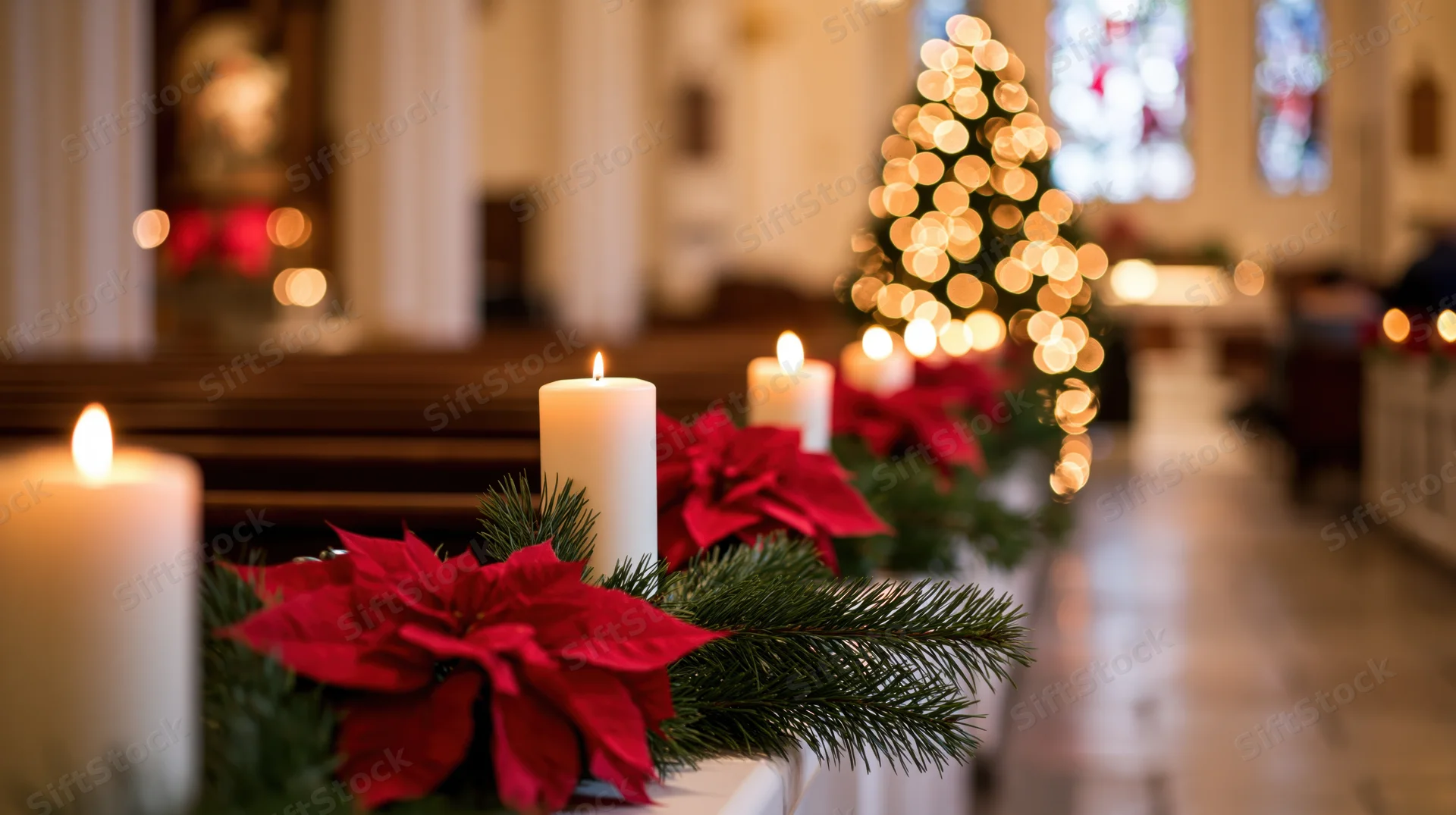 White candles burning on pine garland with red poinsettias in a church aisle during christmas celebration