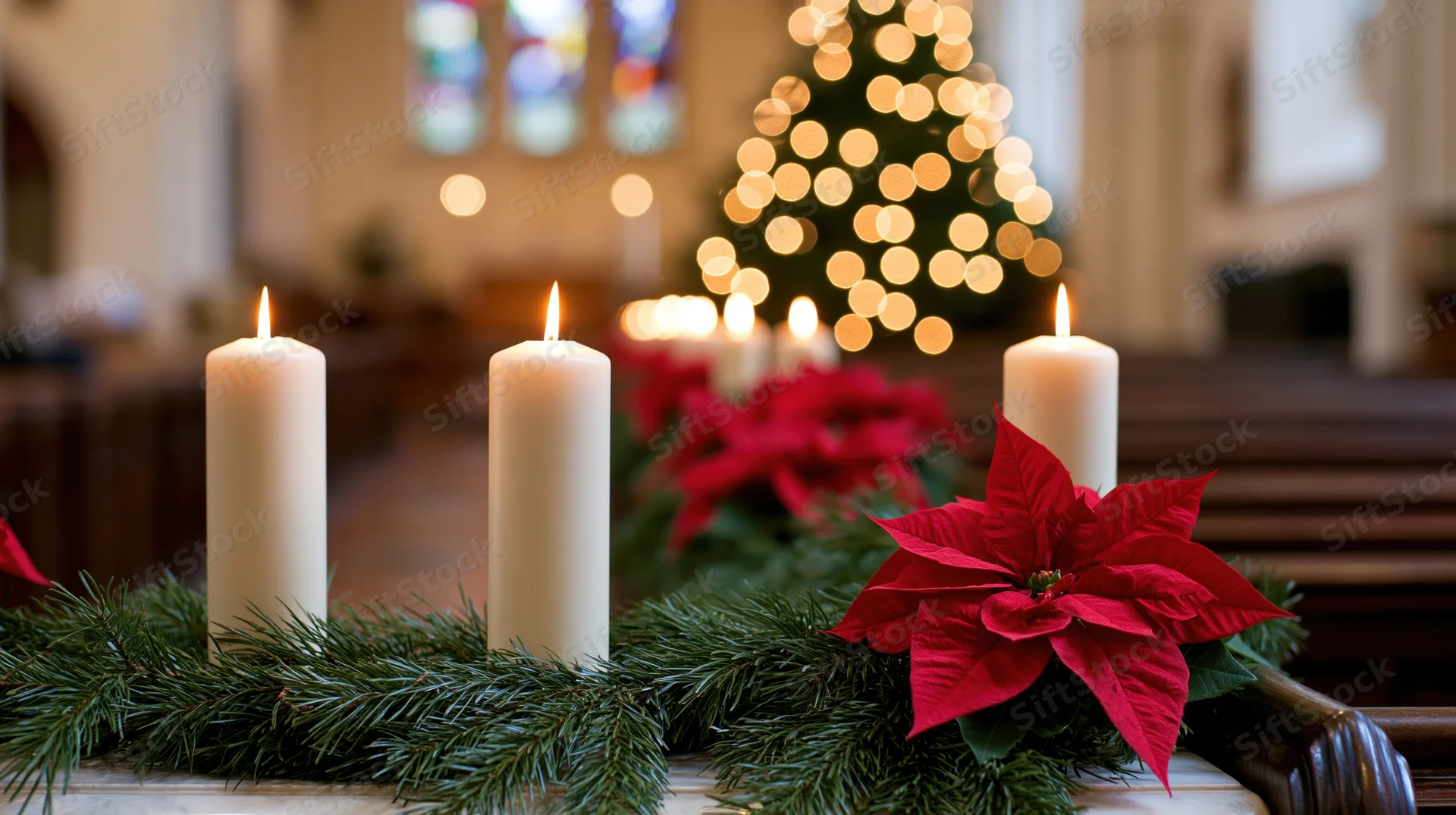 White pillar candles burning on pine garland with red poinsettia in church interior