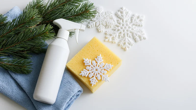 White spray bottle, yellow sponge and folded blue microfiber cloth arranged with pine branches and snowflake decorations on white surface
