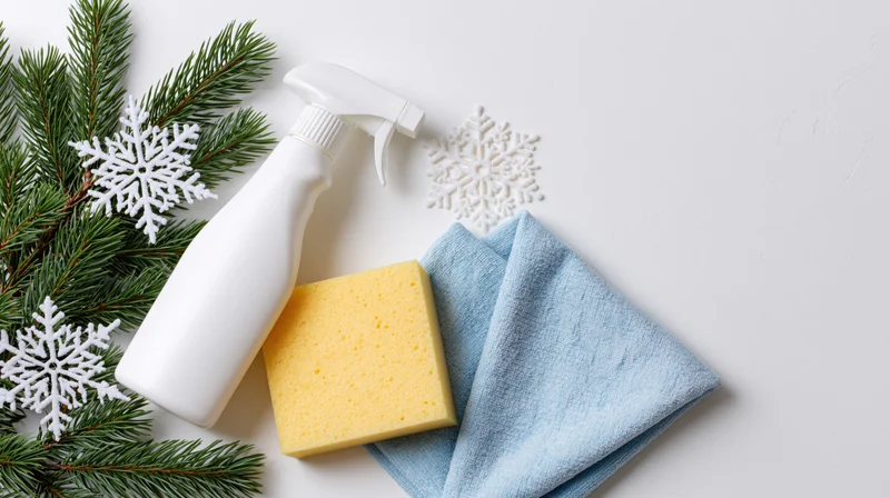 White spray bottle, yellow sponge, and folded blue microfiber cloth arranged with pine branches and snowflakes on a white surface