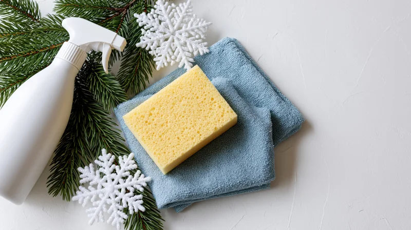 White spray bottle, yellow sponge, and folded blue microfiber cloth arranged with pine branches and snowflakes on a white surface