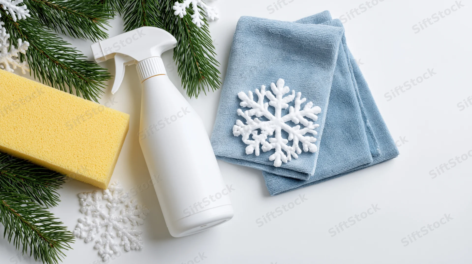 White spray bottle, yellow sponge, and folded blue microfiber cloth with snowflake decoration arranged on white surface with pine branches and snowflakes for christmas cleaning theme