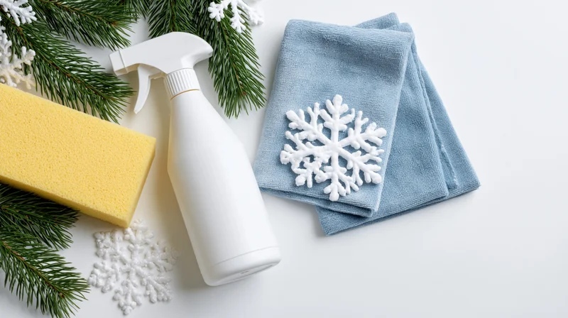 White spray bottle, yellow sponge, and folded blue microfiber cloth with snowflake decoration arranged on white surface with pine branches and snowflakes for christmas cleaning theme