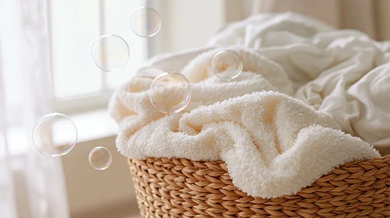 Wicker laundry basket filled with fluffy white towels and linens near a window with floating soap bubbles