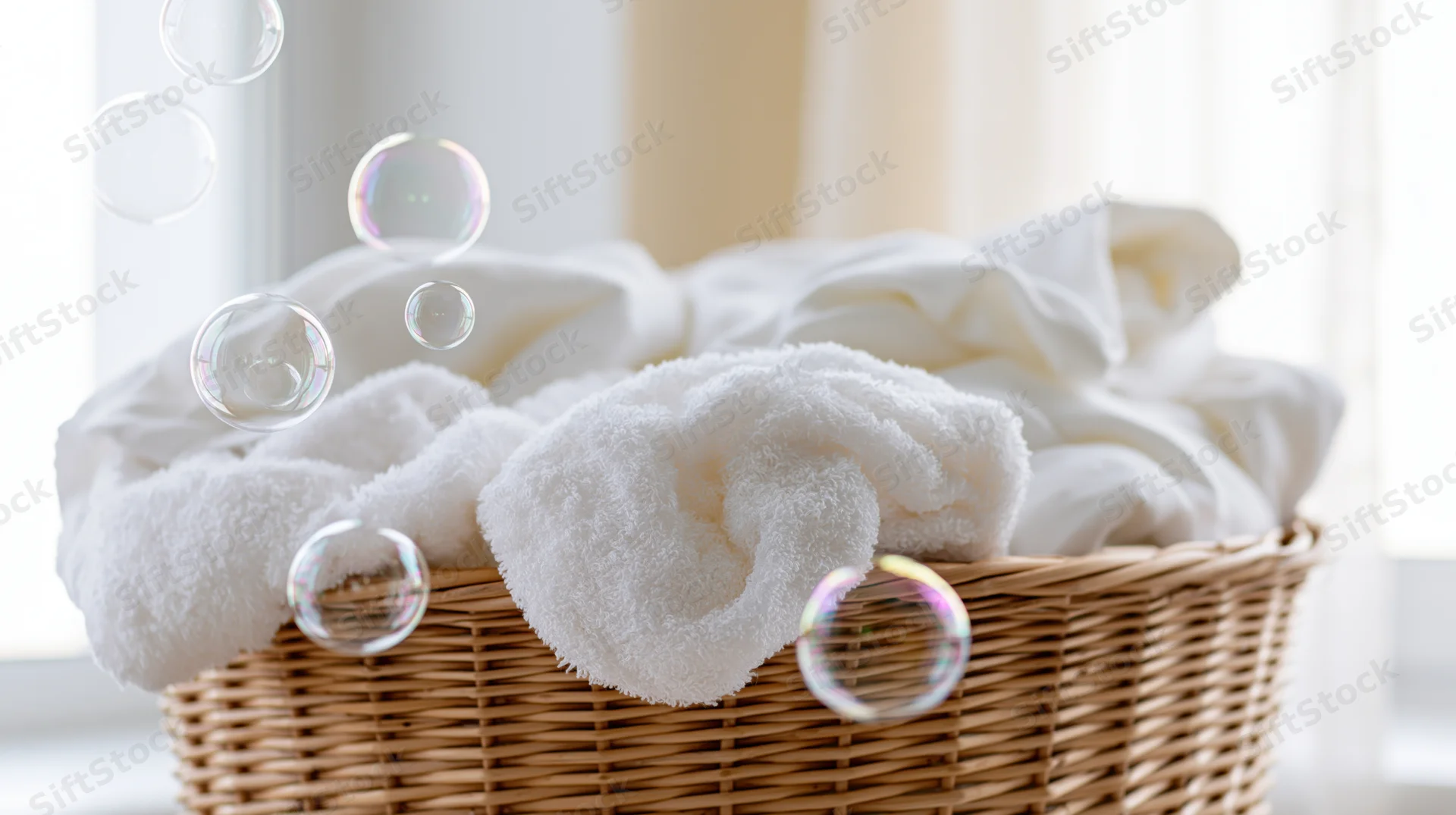 Wicker laundry basket filled with fluffy white towels and linens near a window with floating soap bubbles