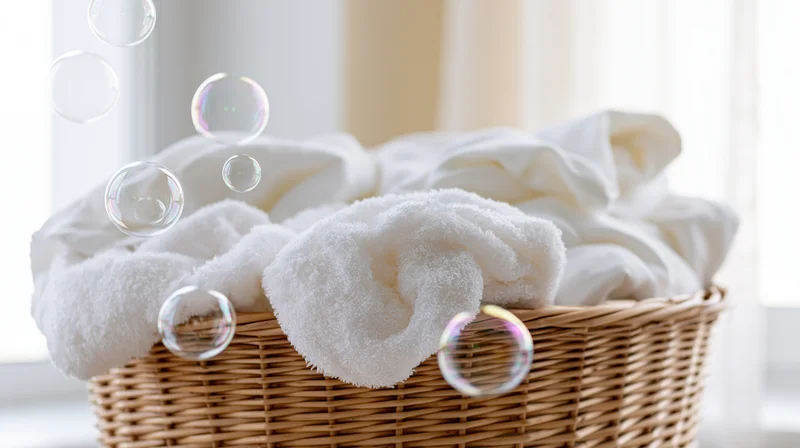 Wicker laundry basket filled with fluffy white towels and linens near a window with floating soap bubbles