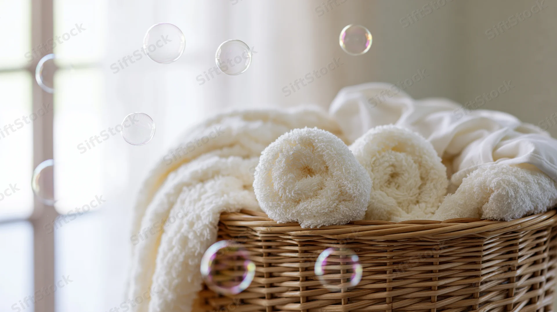 Wicker laundry basket filled with fluffy white towels and linens near a window with floating soap bubbles