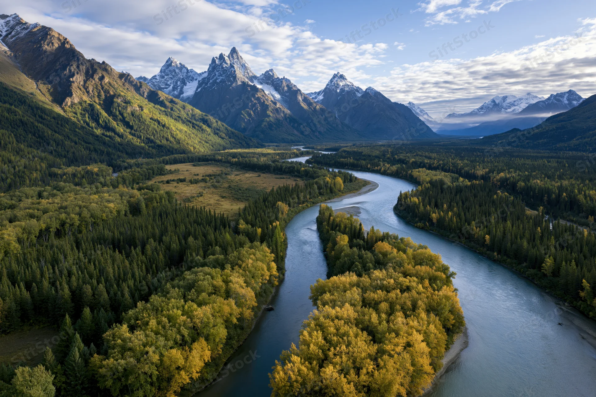 Winding river cutting through alpine valley surrounded by snow-capped mountains and autumn forest