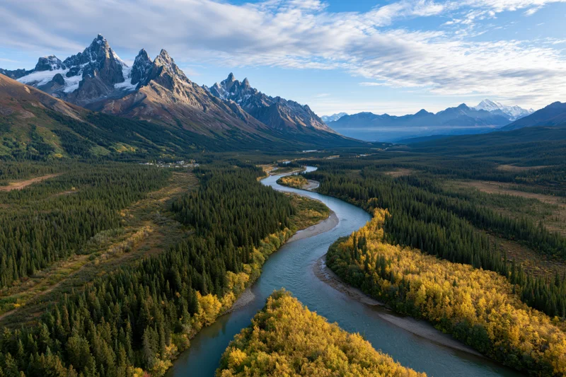 Winding river cutting through alpine valley with snow-capped peaks and autumn forest