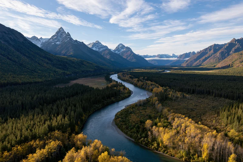 Winding river flowing through alpine valley surrounded by snow-capped mountains and autumn forest