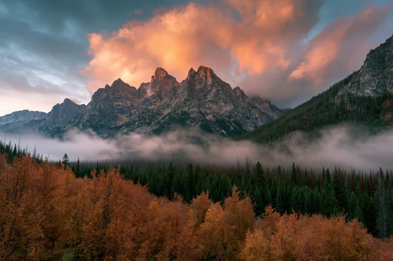 Jagged rocky mountain peaks rising above misty valley with autumn aspen and evergreen forest at sunrise