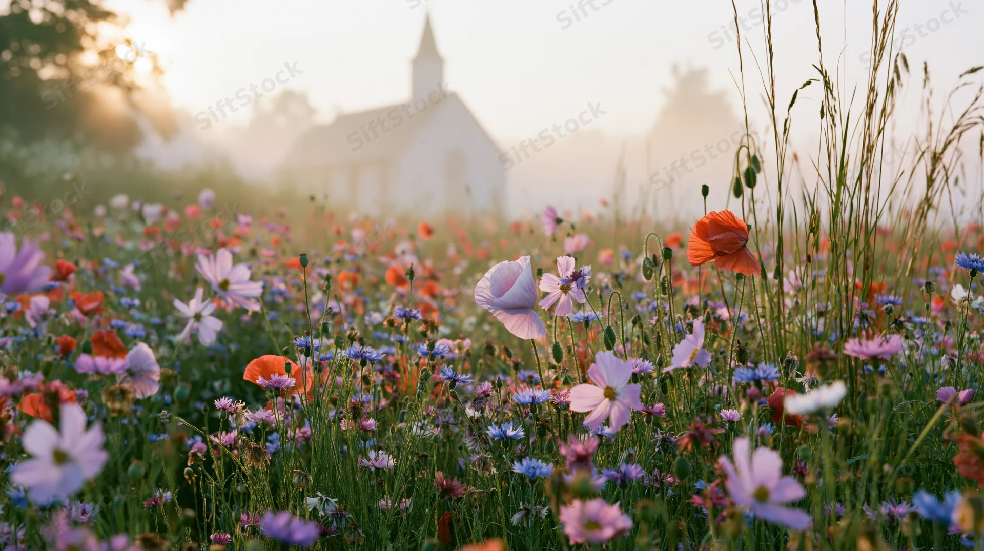 Wildflower meadow in bloom with poppies cornflowers and cosmos at sunrise near a church in the countryside