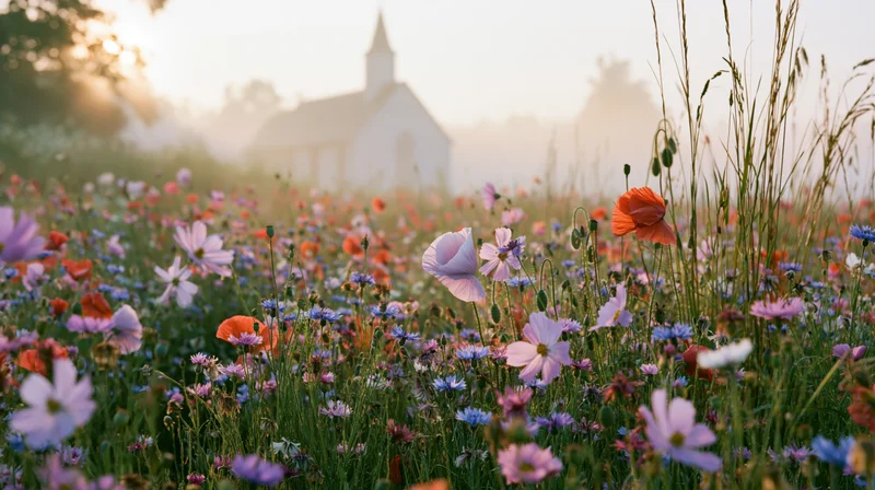 Wildflower meadow in bloom with poppies cornflowers and cosmos at sunrise near a church in the countryside