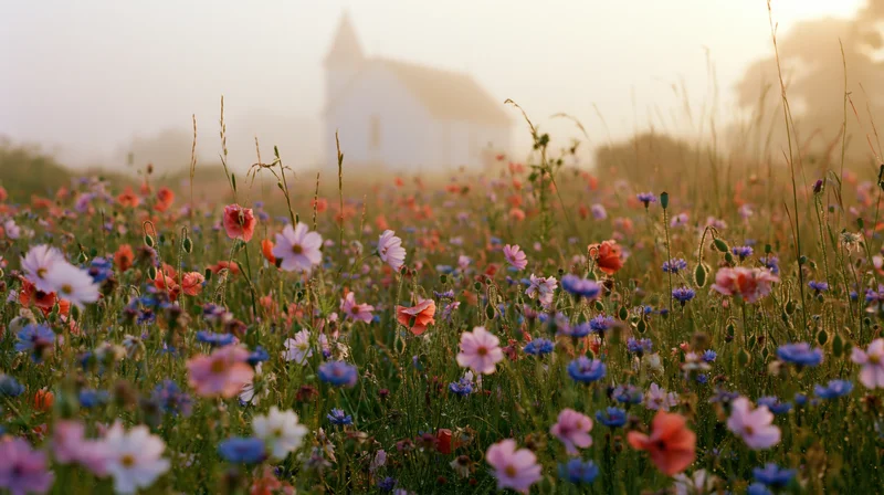 Wildflower meadow in soft morning light with poppies cornflowers and cosmos blooming densely in a rural field
