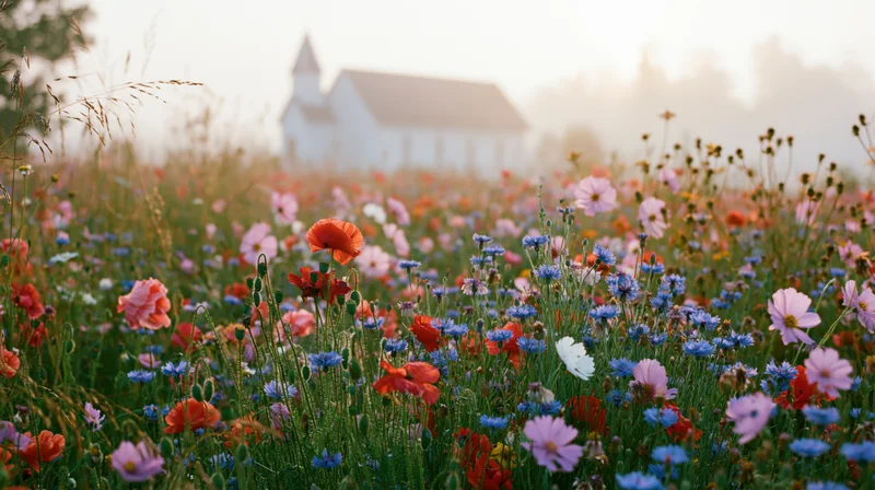 Wild summer meadow dense with poppies cornflowers and cosmos