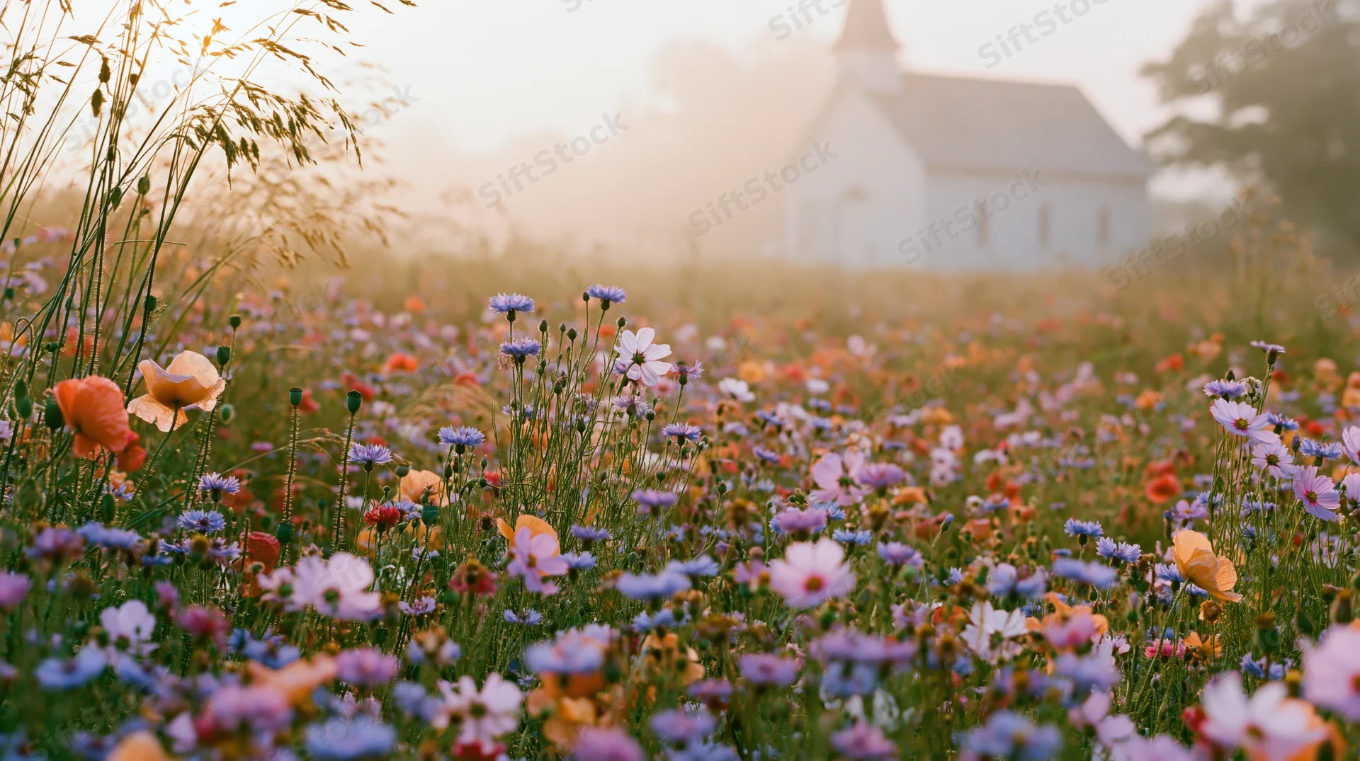 Wildflower meadow in summer with cosmos poppies and cornflowers in front of a white chapel at sunrise