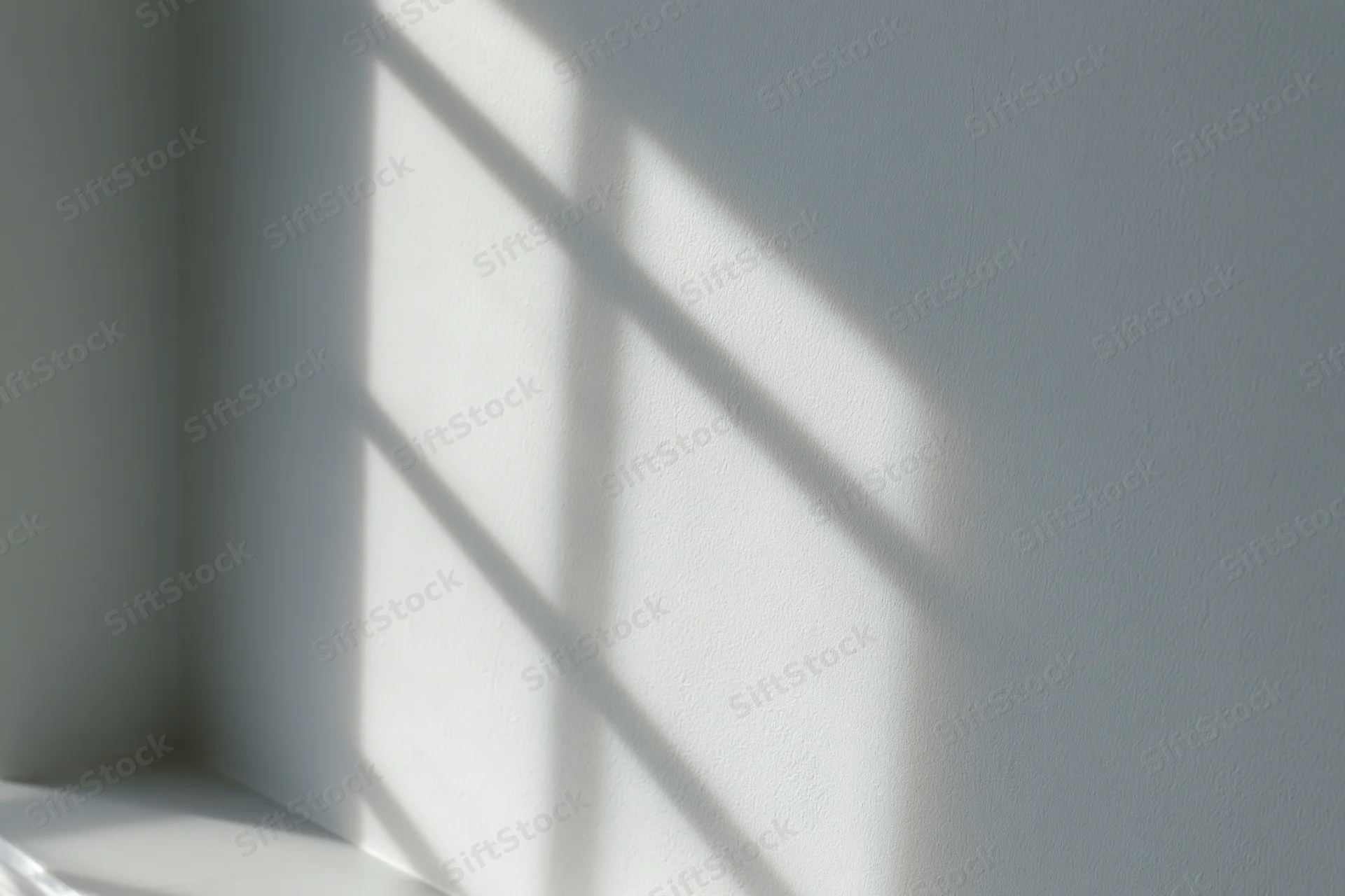 Diagonal window grid shadow cast across plain light gray interior wall corner