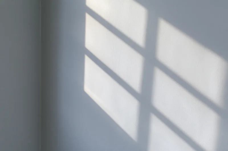 Diagonal shadow of window grid cast across plain light gray wall