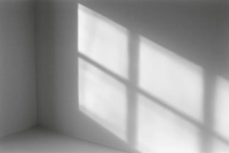 Diagonal shadow of window grid cast across white interior corner