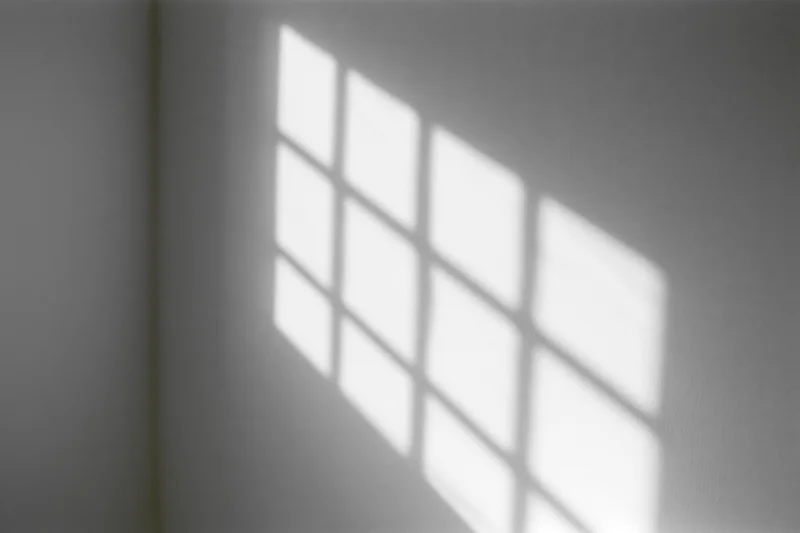 Diagonal shadow of window grid cast across plain white-gray wall in interior space