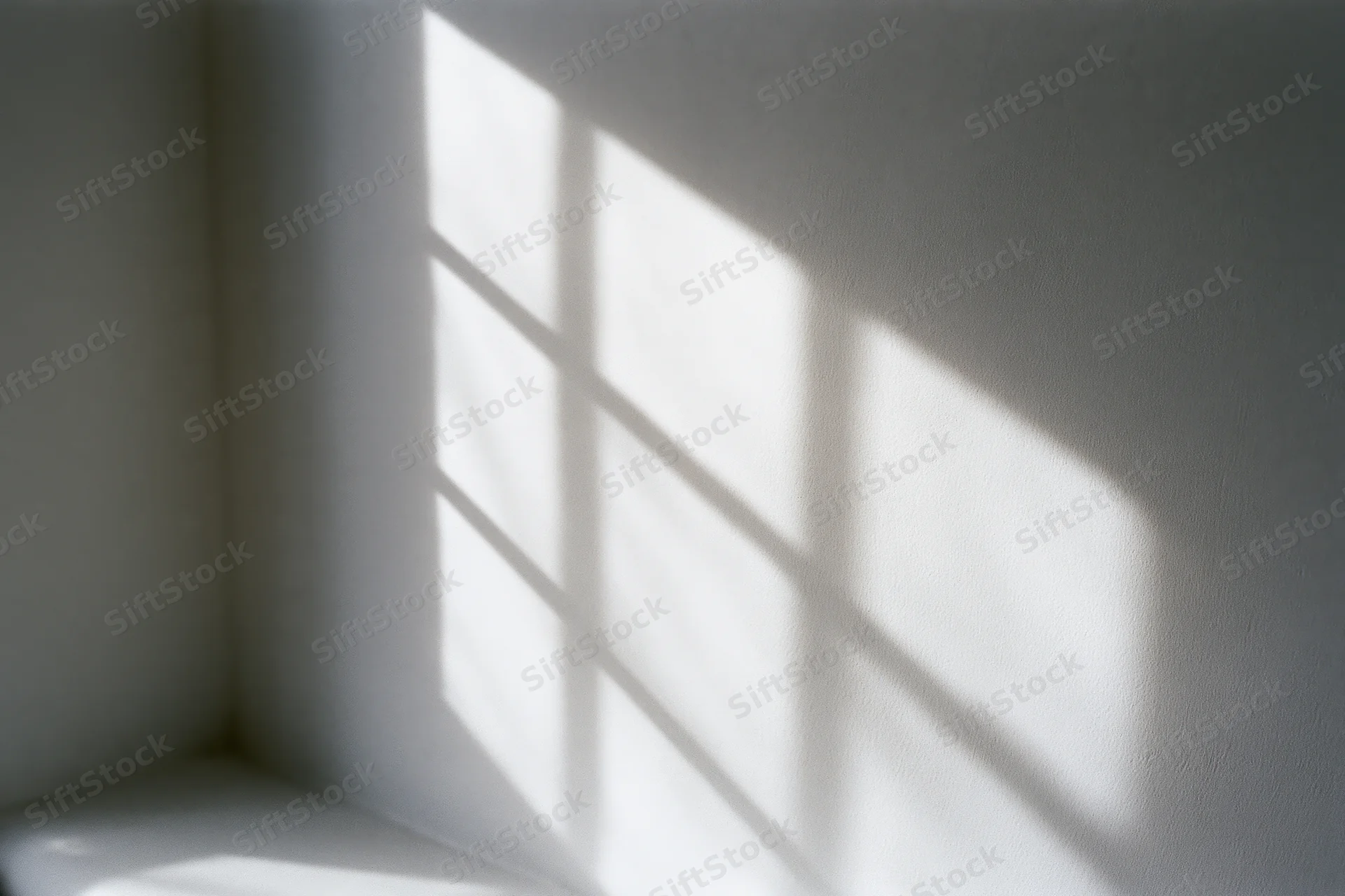 Diagonal window grid shadow cast across white interior wall corner