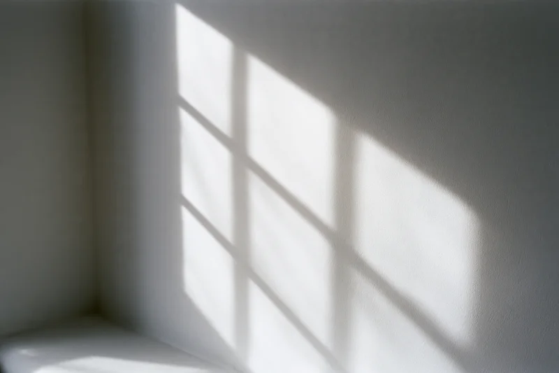 Diagonal window grid shadow cast across white interior wall corner