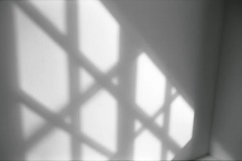 Diagonal shadow of window grid cast across plain white-grey wall in interior corner