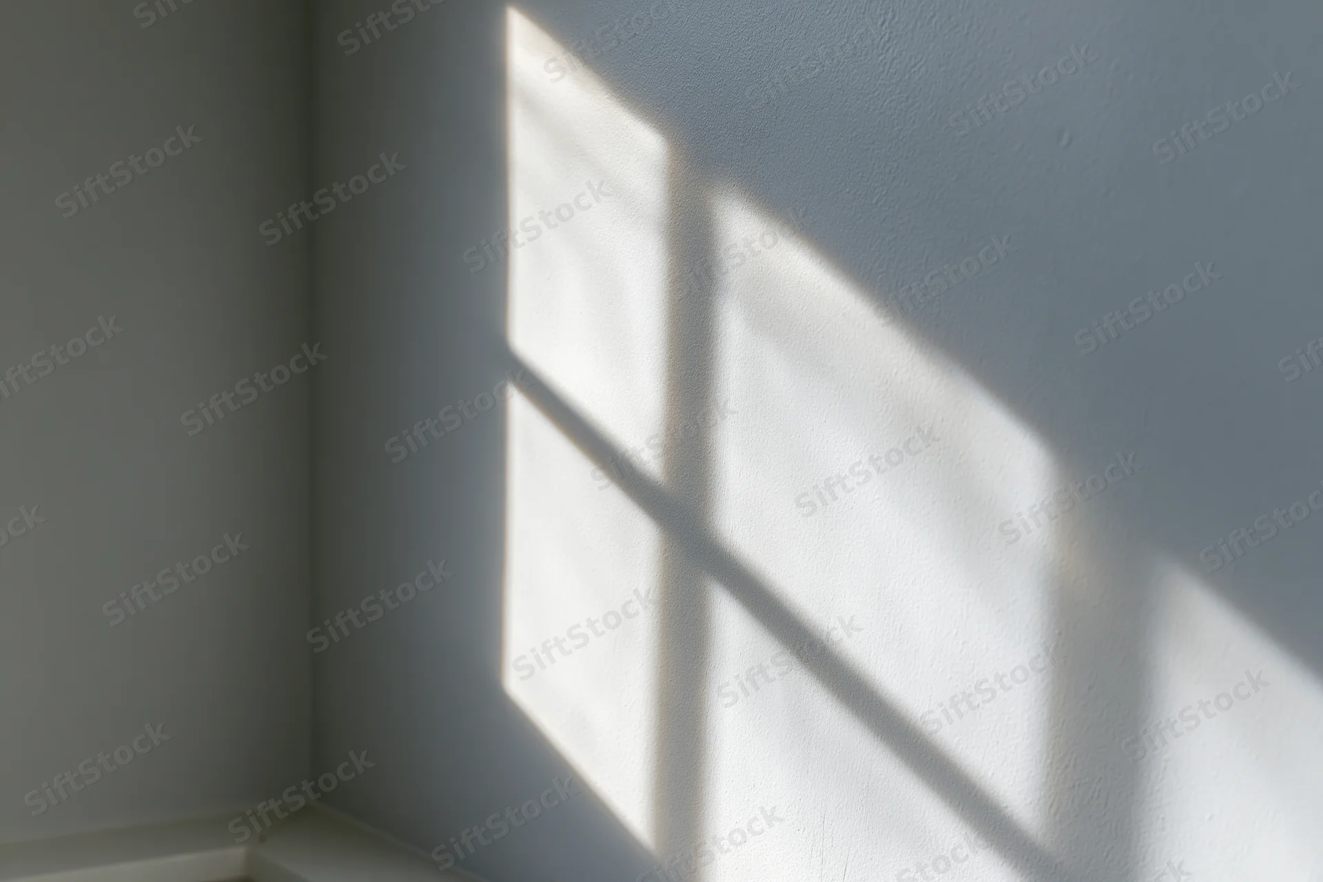 Diagonal window grid shadow cast across white-gray interior wall corner