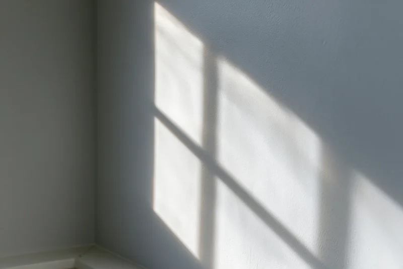 Diagonal window grid shadow cast across white-gray interior wall corner