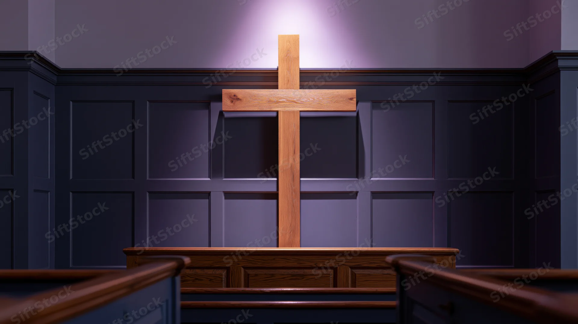 Wooden christian cross mounted on dark paneled wall inside church sanctuary
