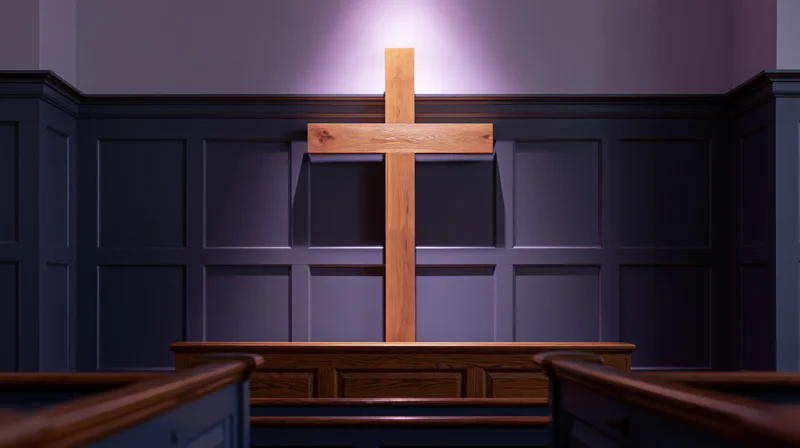 Wooden christian cross mounted on dark paneled wall inside church sanctuary